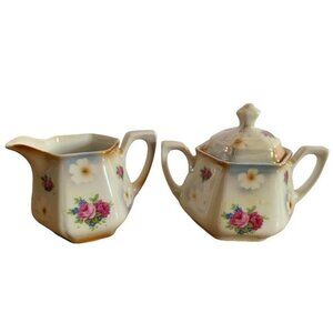 Bavaria Germany China Sugar Bowl & Creamer Set with Pink Roses and White Flowers